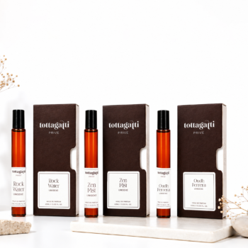 Tottagatti PRIVE' Rock Water, Zen Mist and Oudh Ferrera unisex perfume oils, 10ml bottles with packaging